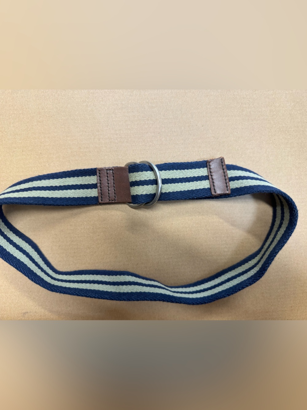 Hanna Andersson navy and sage green striped belt with brown leatherz S / M